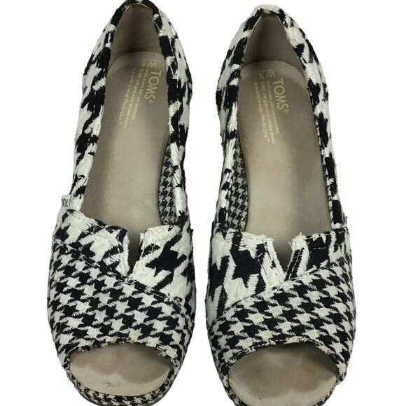 TOMS Scottish Houndstooth Wedges Peep Toe Black White Tweed Plaid sz 6 - Picture 11 of 13